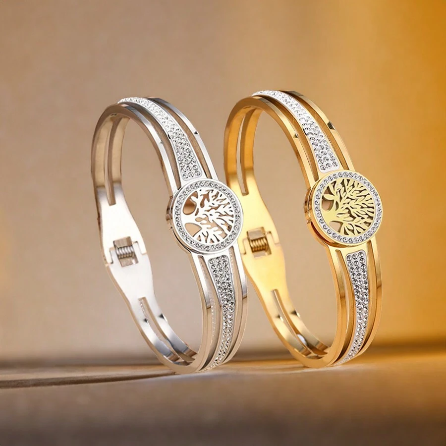 1pc 18K Gold-Plated Vacuum Plating 304L Stainless Steel Bracelet With Tree Of Life Design And Glass Drill, Suitable For Women's Daily Wear, Ins Style, Summer - Style 1 - View 1