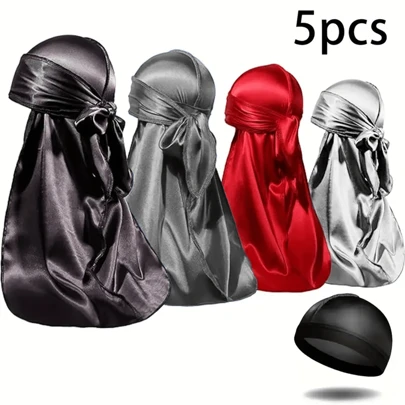 Set de 5 piezas de Durag de satén de lujo y gorra de onda - Acabado lujoso para ondas al aire libre - Estilo callejero de moda con cola extra larga y diadema cómoda, para verano, playa, vacaciones, festival, viaje