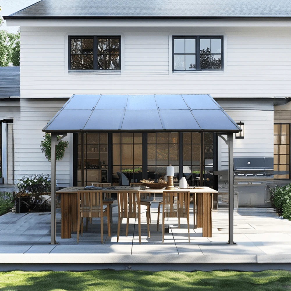 10' X 14' Outdoor Pergola Gazebo, Wall Mounted Metal Awning Gazebo With Roof, Heavy Duty Large Gazebo For Patio, Deck, Backyard - Grey + Metal - View 1