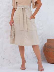 Linen Midi Skirt With Large Pockets And Evasê Design - 米色 - 查看 1