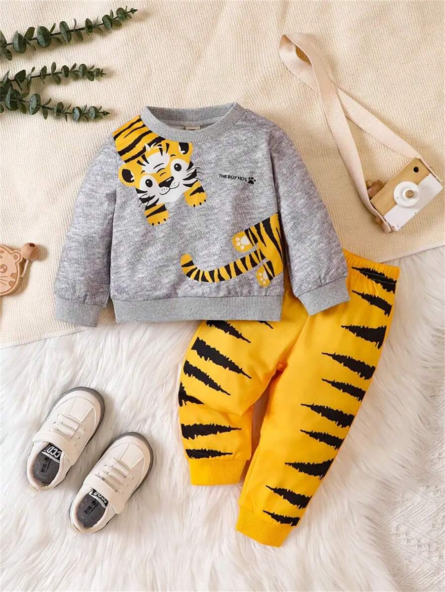 Conjunto informal para bebé niño de otoño/invierno con camiseta de manga larga con estampado de tigre + pantalones con estampado de tigre, lindo conjunto - Amarillo - Ver 1