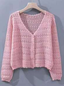 1pc Women's Shrug, Loose V-Neck Hollow Out Knitted Air-Conditioned Shirt, New Style Long Sleeve Sunscreen Cover Up Top Accessories Women