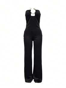 Solid Color Smocked Casual Wide Leg Pants Slim Jumpsuit New Birthday Party Office Spring Summer - Black - View 5