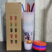 10packs 24oz Color Changing Cups With Lids And Straws, 710ml Plastic Tumblers Cup Bulk Trick Or Treat Cups, Reusable Cup Bulk For Favors, Decorations Indoor Home, Ideal Gifts For Birthday Housewarming Christmas