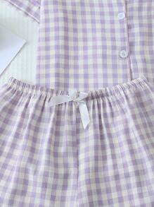 [Elegant Fields] Bộ đồ ngủ nữ 2 món in họa tiết kẻ caro, áo tay ngắn cổ cài nút và quần short, đồ ngủ mùa hè thoải mái, bộ hai món. - Màu tím - Xem 6