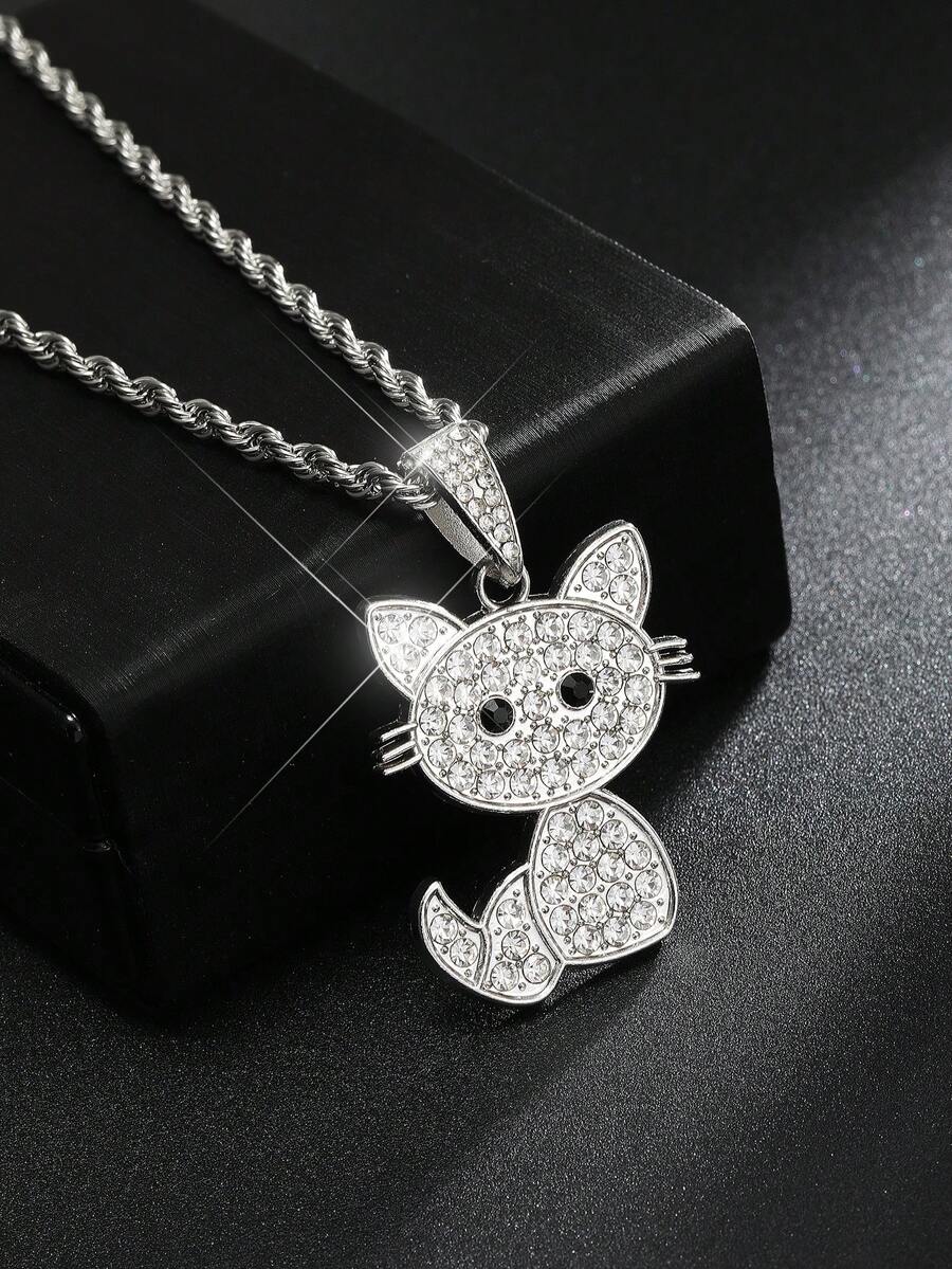1 件流行欧美风格时尚魅力猫形吊坠项链，优雅别致，饰有耀眼的水钻，长钛钢不褪色链，适合生日、家庭节日或女士日常佩戴。 - 彩色 - 查看 1