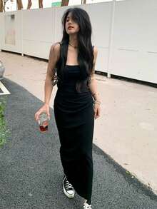 女士性感無背褶皺修身針織連衣裙 - 黑色 - 查看 3