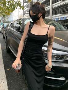 女士性感無背褶皺修身針織連衣裙 - 黑色 - 查看 4