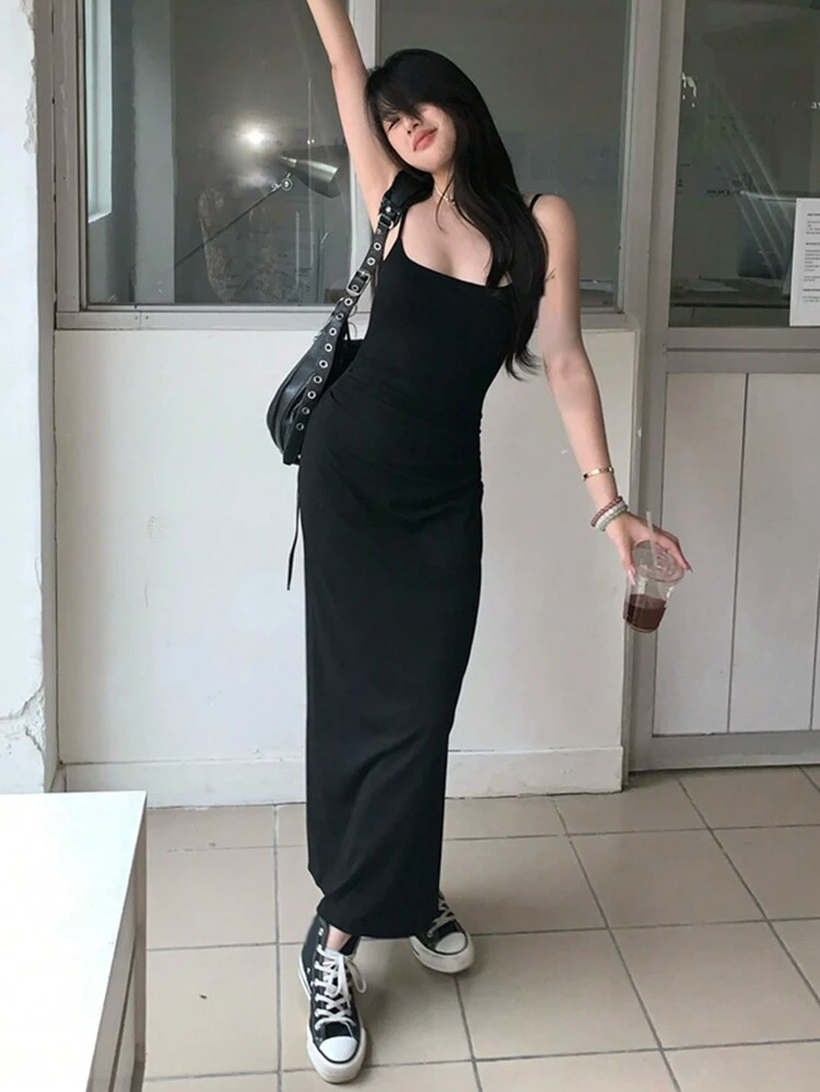 Sexy Backless Pleated Slim-Fit Cami Dress For Women Black Summer