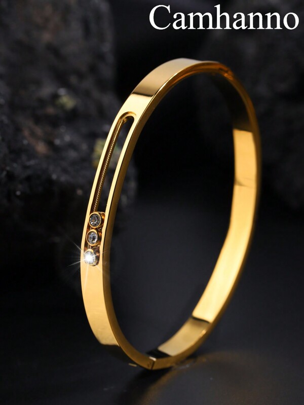 Camhanno 1 Stück stilvoller, simpler, neutraler Edelstahl Schiebe-Armreif mit drei Diamanten, vielseitiges Accessoire für Alltagskleidung und Partys, als Geschenk