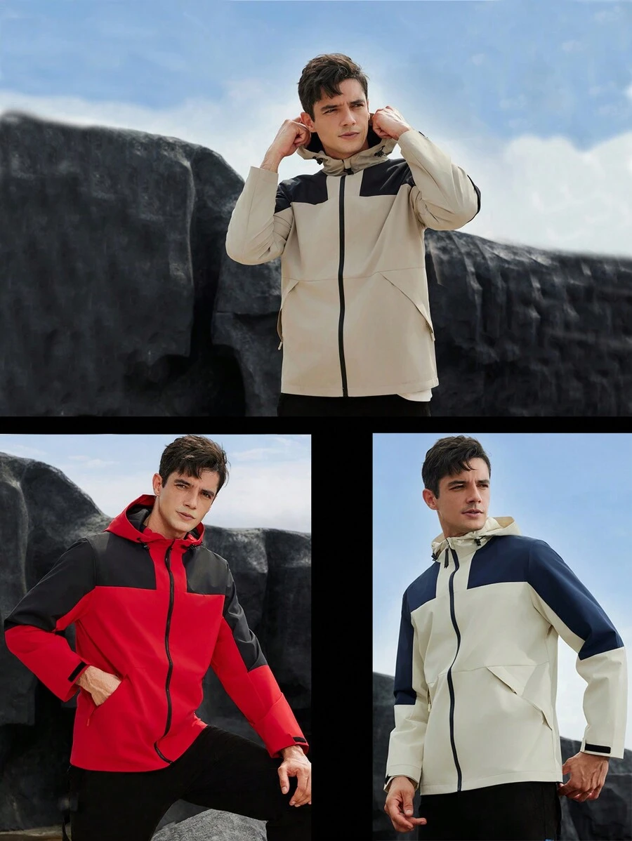Boyfriend Style Men's Color Block Hooded Long Sleeve Lightweight Outdoor Sport Jacket, Suitable For Camping, Hiking, Fitness, Travel And Other Outdoor Activities