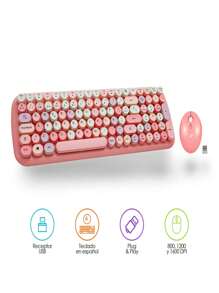 Redlemon Wireless Keyboard And Mouse With USB Receiver And Retro Vintage Design Of Round Typewriter Keys, QWERTY Layout In Spanish. - 查看 2