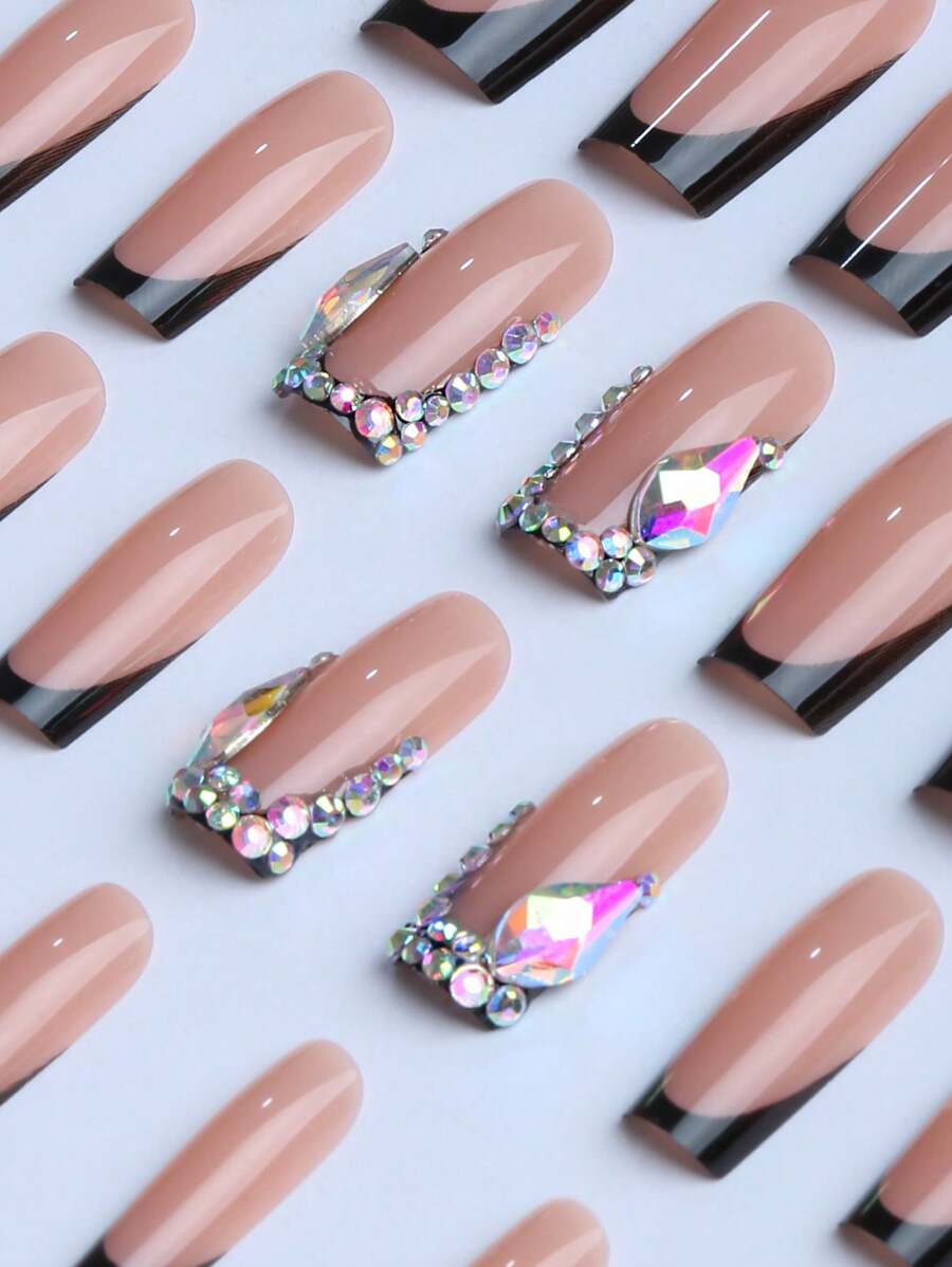 24 Stücke mittellanges quadratisches Aufklebe-Nagel Set, glitzernde ...