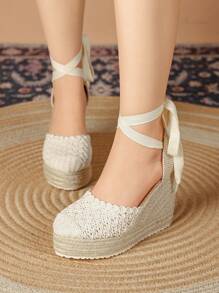 Ladies' Platform Wedge Sandals, Woven Sole Casual Elegant Ladies' Flats, Available In White, Black, Red, Gold, Green, Yellow - Apricot - View 3