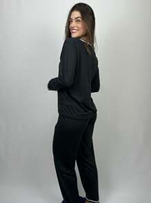 American Women's Button Winter Pajamas Long Sleeve Pijama Blogueirinha - 黑色 - 查看 2