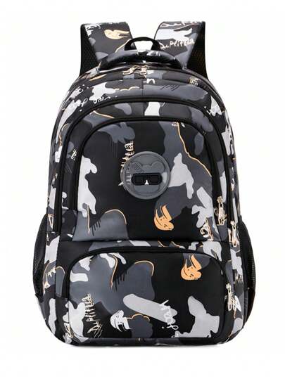 时尚涂鸦印花休闲大容量背包，适合通勤或旅行 学校背包 学生书包 装书 学校用品 圣诞尖叫包 黑色包 多功能书包 露营旅行包 夏季返校 沙滩包 笔记本电脑包 运动生活 男士包包 徒步旅行包 周末包 背包 旅行必备品 大包 春季