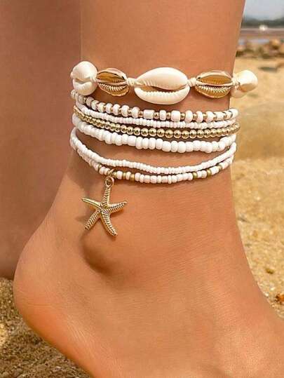7 pezzi Set di cavigliere boeme in stile con conchiglie e perline intrecciate, gioielli per i piedi a tema marino con stelle marine e perline di riso