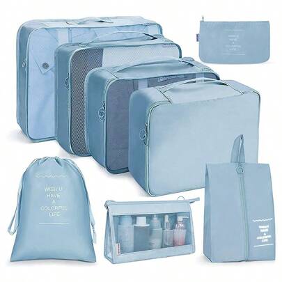 8 Pcs Portable Travel Storage Bag Set - Organize Your Clothing, Shoes, And Underwear With Ease - Perfect For Luggage And Suitcase Packing Slogan Graphic Travel Storage Bag Portable With Shoe Toiletry And Laundry Bags School Supplies School Stuff For School For College Dorm Room Decor Bedroom Decor Dorm Essentials For Student Teacher Packing Cubes Clothes Storage Clothes Organizer Travel Bag Set Travel Organizer Set Travel Essentials