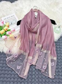 1条优雅秋冬女士仿丝围巾，蝴蝶刺绣，手工串珠，时尚轻薄保暖披肩配饰 - 釘蝴蝶珍珠長絲巾 - 查看 19