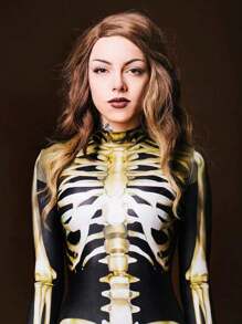 Skeleton Digital Print Tight Jumpsuit Costume Unisex - Black - View 3
