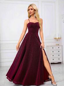 Đầm xòe cổ chữ V, eo cao, hở lưng, buộc dây, thích hợp cho nữ dự tiệc mùa hè thanh lịch - Màu đỏ tím - Xem 5