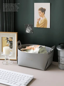 Faux Leather Foldable Storage Bins With Handles, Collapsible Baskets For Home Organization Desktop Storage Basket Cosmetic Mask Basket Dressing Table Storage Basket Entrance Coffee Table Snack Storage Box (Random English Printing) - Classic Style - View 8