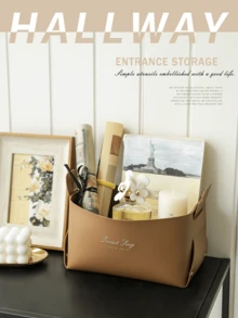 Faux Leather Foldable Storage Bins With Handles, Collapsible Baskets For Home Organization Desktop Storage Basket Cosmetic Mask Basket Dressing Table Storage Basket Entrance Coffee Table Snack Storage Box (Random English Printing) - Classic Style - View 7