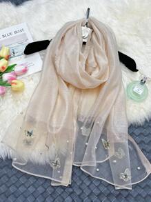 1条优雅秋冬女士仿丝围巾，蝴蝶刺绣，手工串珠，时尚轻薄保暖披肩配饰 - 釘蝴蝶珍珠長絲巾 - 查看 18