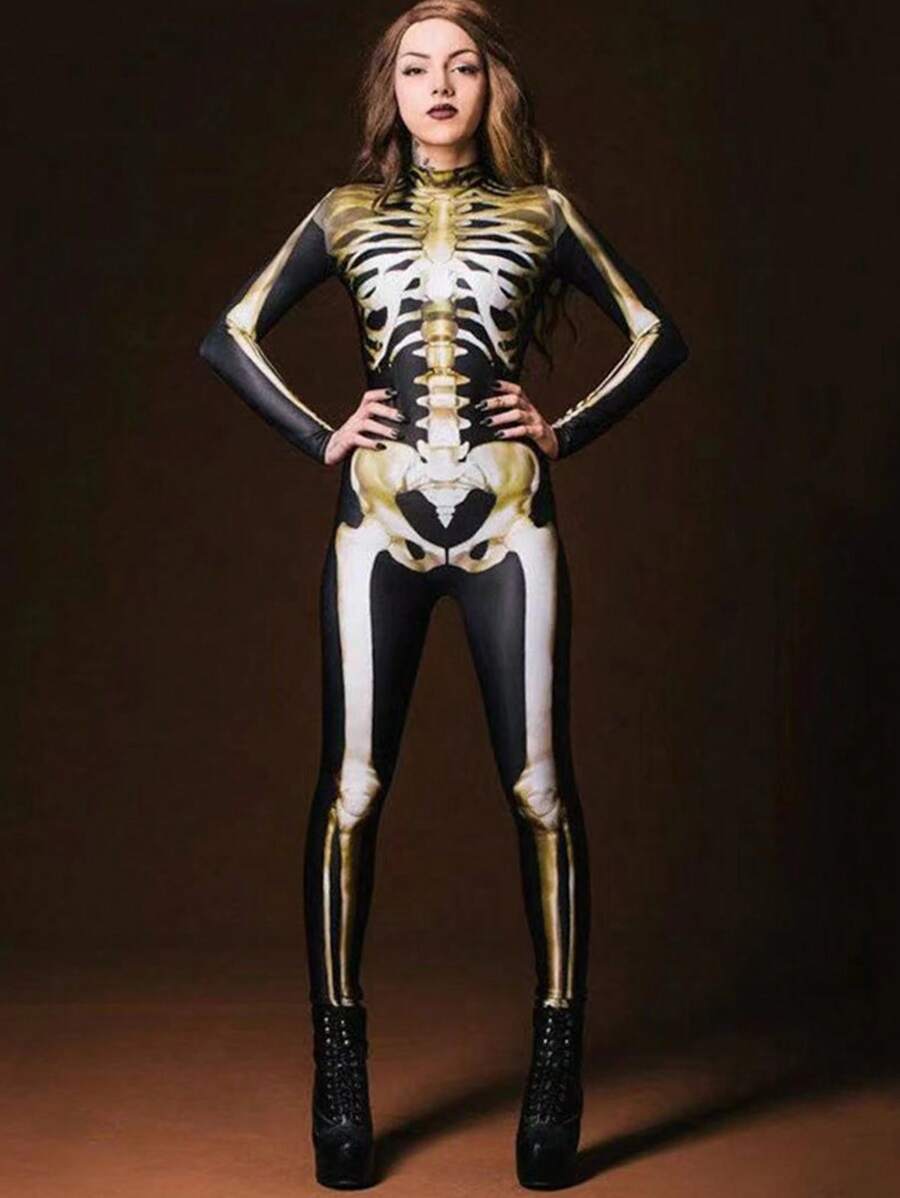 Skeleton Digital Print Tight Jumpsuit Costume Unisex - Black - View 1
