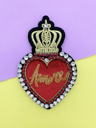 1pc Handmade Red Beaded Crown Embroidered Patch For Women/Girls, DIY Heart & Letter Iron-On Sewing Fabric Patch For Clothing, Bags, Shoes, Hats And Accessories Valentine's Day Summer, School
