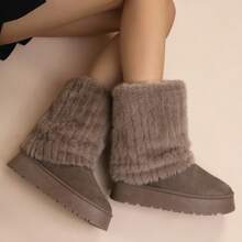 Botas de neve femininas plus size, novas, quentes, cano médio, salto grosso, antiderrapantes, forro térmico, biqueira de tecido macio com acabamento em pele, bege