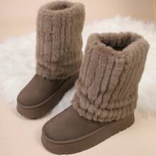 Botas de neve femininas plus size, novas, quentes, cano médio, salto grosso, antiderrapantes, forro térmico, biqueira de tecido macio com acabamento em pele, bege