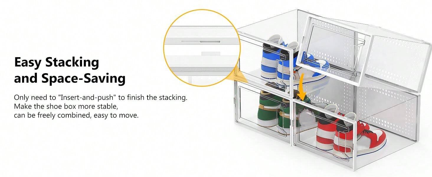 Set van 12 grote schoenorganisator-opbergdozen voor kast, modulaire ruimtebesparende schoenendozen, doorzichtige plastic stapelbare sneakercontainers met deksels, zwart