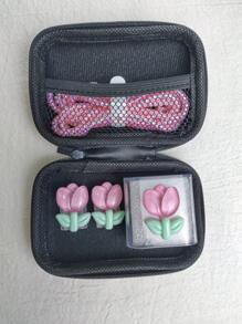 6pcs/Set Pink Tulip Pattern Phone Charging Cable, Power Adapter, Data Cable Organizer Case - Tulip - View 4