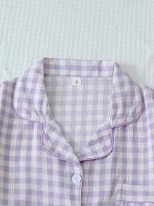 [Elegant Fields] Bộ đồ ngủ nữ 2 món in họa tiết kẻ caro, áo tay ngắn cổ cài nút và quần short, đồ ngủ mùa hè thoải mái, bộ hai món. - Màu tím - Xem 3