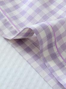 [Elegant Fields] Bộ đồ ngủ nữ 2 món in họa tiết kẻ caro, áo tay ngắn cổ cài nút và quần short, đồ ngủ mùa hè thoải mái, bộ hai món. - Màu tím - Xem 7