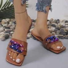 New Colored Chain Buckle Flat Slippers For Women, Open Toe Square Toe Casual Outdoor Footwear