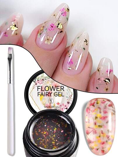 5ml Floral DIY Manicure Gel Nail Polish Kit - Yellow Pink Mixed Natural Flower Petal Manicure Gel With Manicure Brush Summer Manicure Decor Soak UV LED Painting Varnish Gel Requires Primer DIY