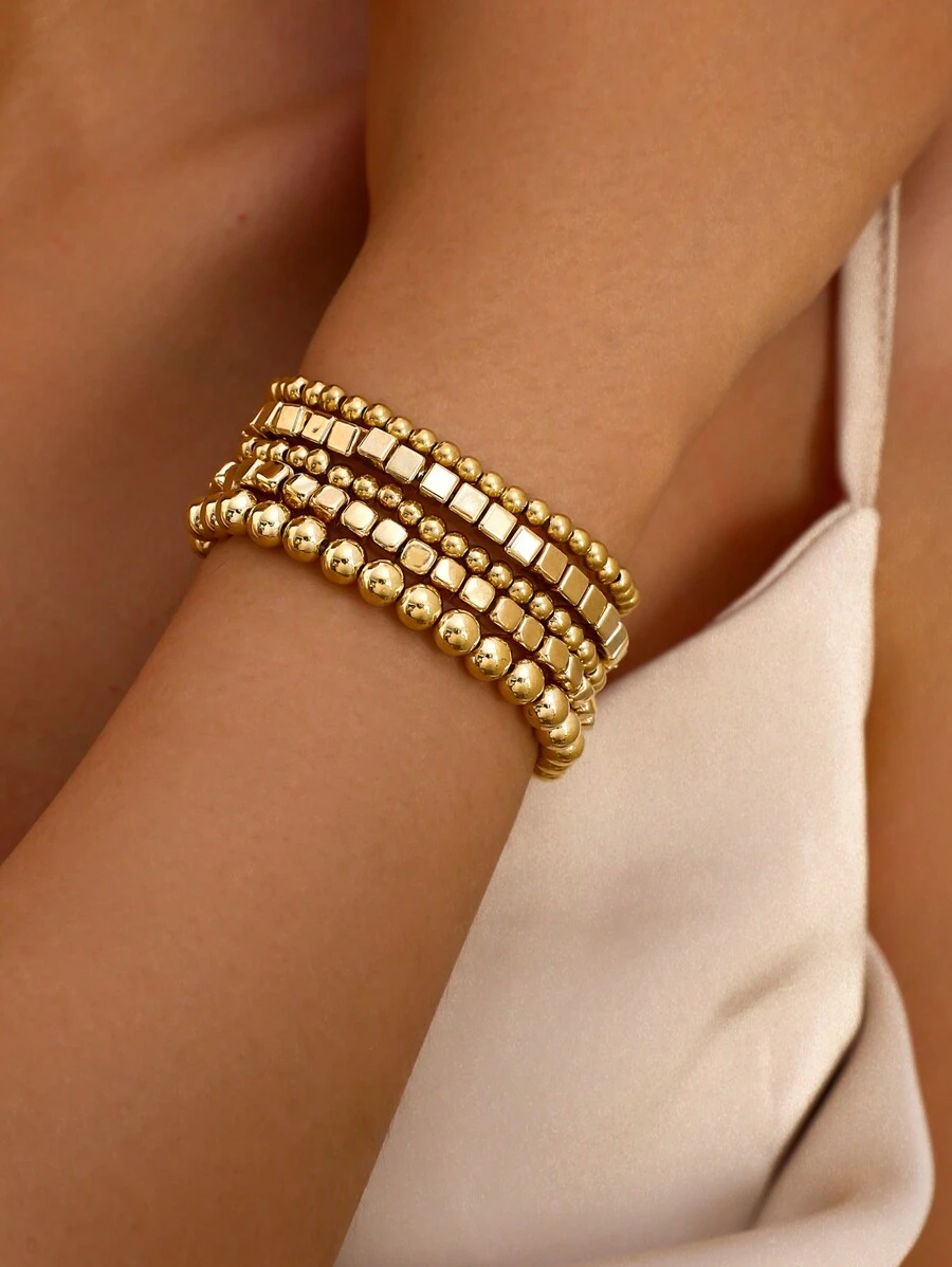 5pcs/Set Women Gold Versatile Handmade Beaded Bracelets, Beach Style CCB Elastic Wrist Accessories - Gold - View 1