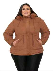 WOMEN'S PLUZ SIZE TWILL OVERCOAT PARK WITH PLUSH LINING - Camel - View 1