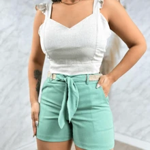 Women's Formal Linen Shorts, High Waist Shorts, Women's Linen Shorts With Belt With Knife Pocket, - 綠色 - 查看 3