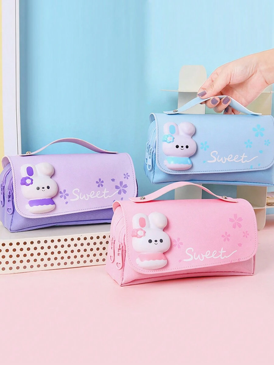 Large Capacity Portable Pencil Case, Pressure-Relieving Pencil Bag For Students, Girls' Triple-Layer Fresh Stationery Pouch - Multicolor - View 1