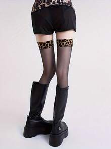 1 Paar Damen Leoparden-Muster Spitze Patchwork Oberschenkel-Hohe durchsichtige Strümpfe, dünn & modisch für den Sommer, gemütliche Socken