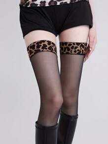 1 Paar Damen Leoparden-Muster Spitze Patchwork Oberschenkel-Hohe durchsichtige Strümpfe, dünn & modisch für den Sommer, gemütliche Socken