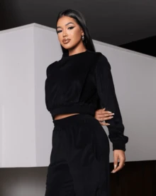 Cold Velvet Plush Winter Tracksuit Pants And Blouse Set - 黑色 - 查看 2