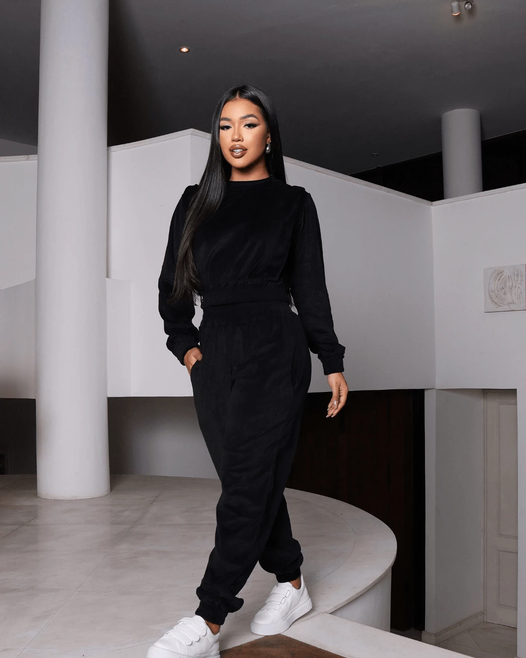Cold Velvet Plush Winter Tracksuit Pants And Blouse Set - 黑色 - 查看 1