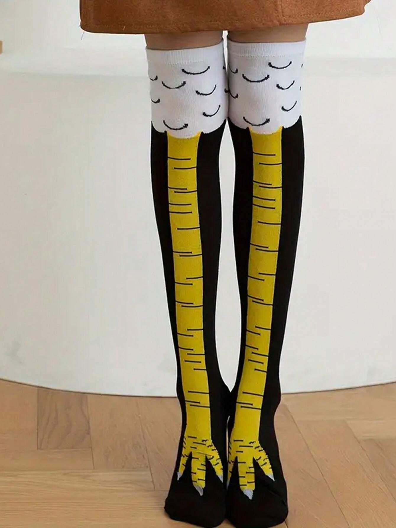 1pair Women's Cartoon Chicken Feet Patterned Long Socks, Autumn/Winter