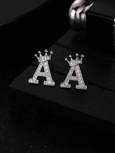 1pair Sparkling Decor Cubic Zirconia Crown 26 Initial Alphabet Letter Stud Earrings A-Z Customized Name Letter For Girls Fashionable & Simple Birthday Party Jewelry Back To School Season Gift
