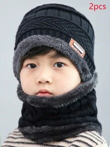 1 件温暖时尚舒适的冬季无檐小帽和围巾套装，适合男孩和女孩在冬季使用。 - 黑色 - 查看 3