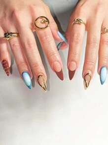 24 件中长款杏仁扎染复古假指甲，带 3D 不对称金属，可穿戴、可重复使用，适合日常和节日佩戴的复古风格，按压式指甲，美甲用品 - 彩色 - 查看 1